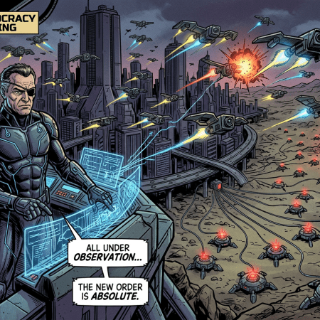 Commander in advanced armor controlling flying drones attacking targets on rugged terrain with explosions