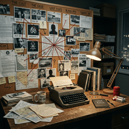 Investigation board with photos, maps, and red strings connecting various conspiracy-related documents and images
