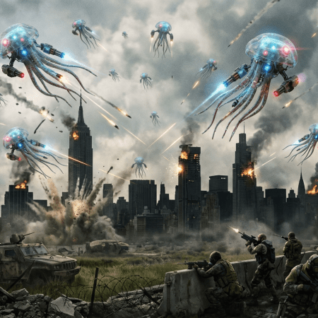 Jellyfish-like armed drones attacking New York, distant wasteland