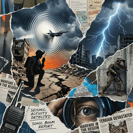 Soldiers amid ruined buildings, fighter jet creating sonic boom, lightning strike, radio, eye with binoculars, and classified papers about warfare and terrain damage