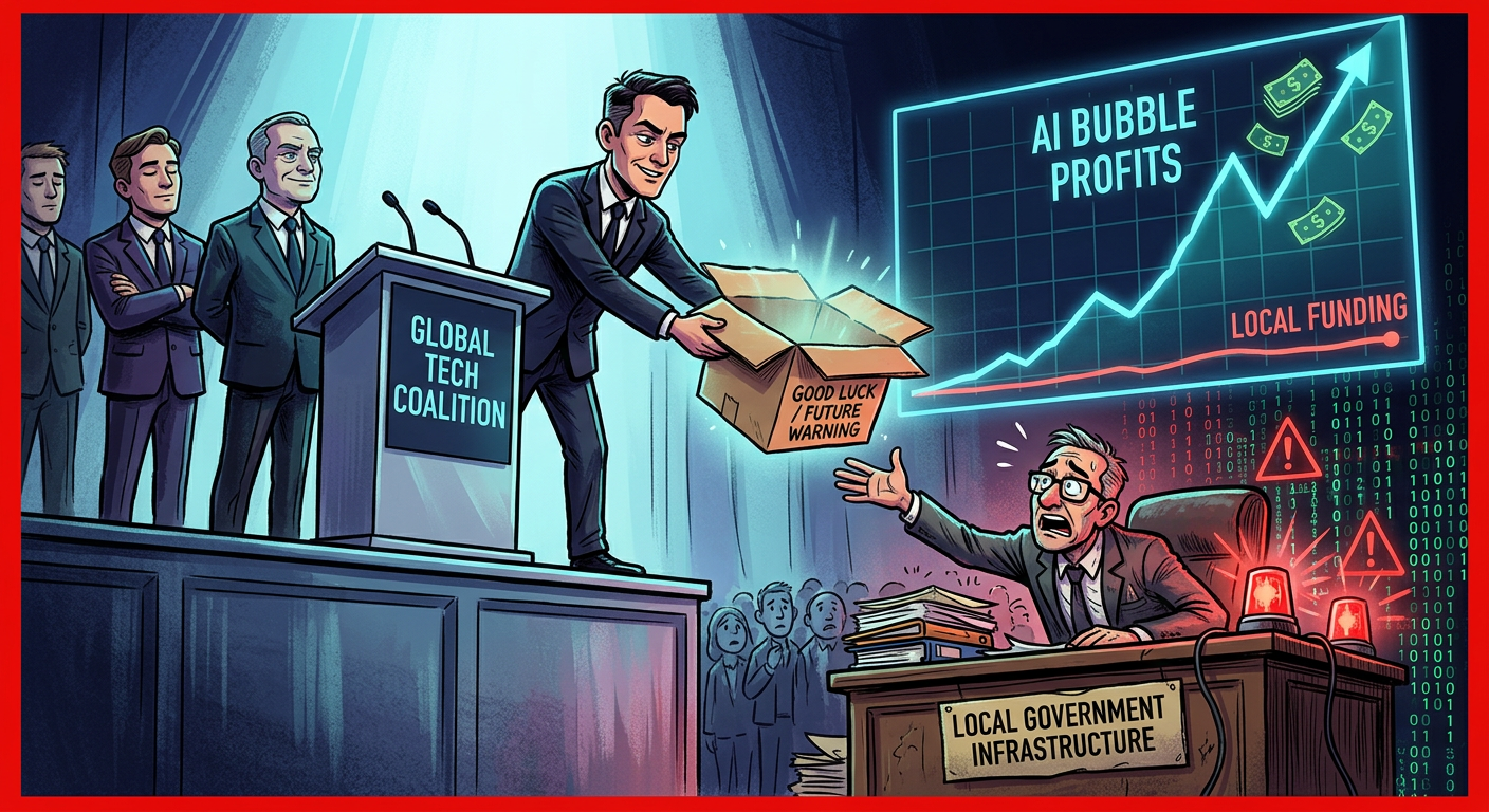 Satirical warning about AI investment priorities Cartoon labeled Global Tech Coalition and Local Government Infrastructure contrasts AI Rubble Profits with Local Funding.