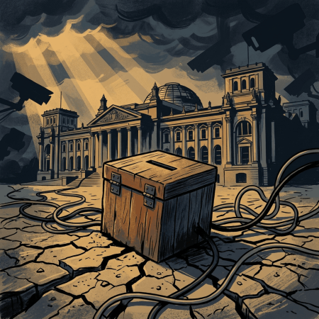 Weathered ballot box amid parliamentary ruins